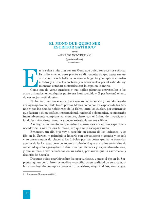 El mono que quiso ser escritor satírico: 1969. Augusto Monterroso - 1.° grado de Secundaria (MINEDU) PDF 1 Portada de El mono que quiso ser escritor satírico: 1969. Augusto Monterroso - 1.° grado - MINEDU