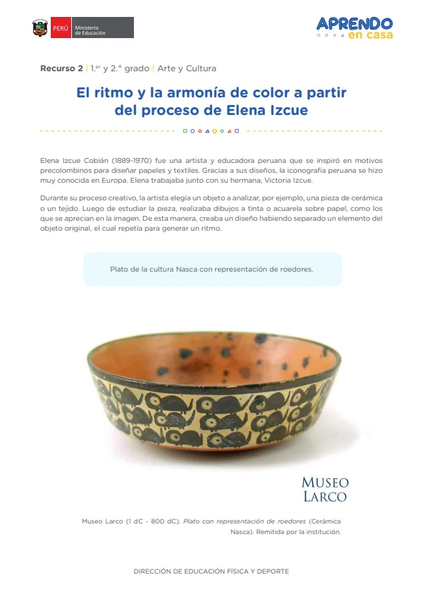 El ritmo y la armonía de color a partir del proceso de Elena Izcue, Recurso 02: 1 y 2 grado - Arte y Cultura (MINEDU) PDF 1 Portada de El ritmo y la armonía de color a partir del proceso de Elena Izcue, Recurso 02: 1 y 2 - 2.º grado de Secundaria - MINEDU