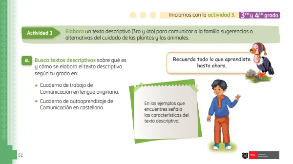 Elabora un texto descriptivo (3ro y 4to) para comunicar a la familia sugerencias o alternativas del cuidado de las plantas y los animales (MINEDU) PDF 1 Portada de Elabora un texto descriptivo (3ro y 4to) para comunicar a la familia sugerencias - Primaria - MINEDU