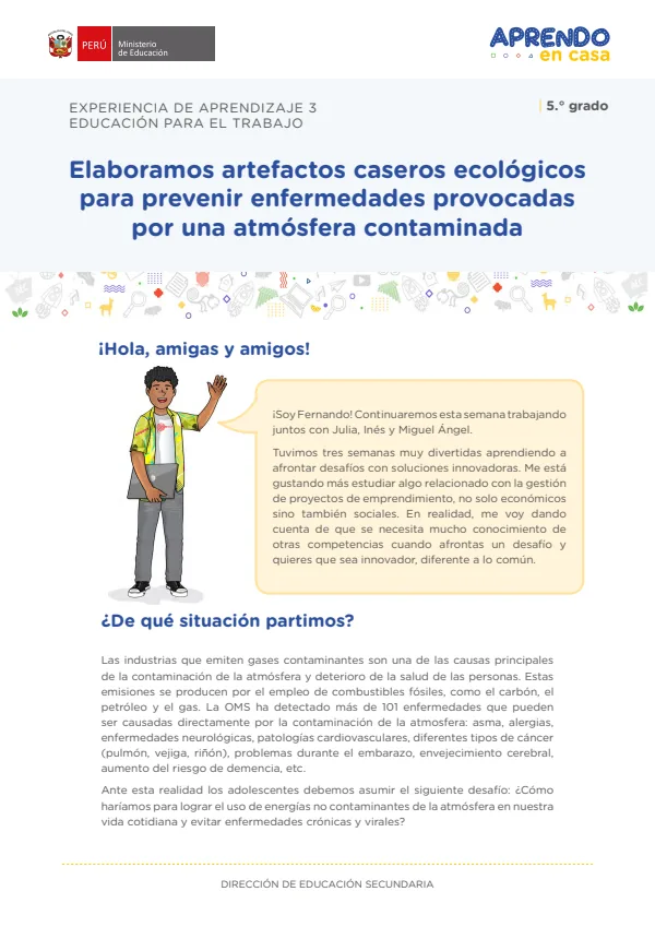 Elaboramos artefactos caseros ecológicos para prevenir enfermedades provocadas por una atmósfera contaminada: experiencia de aprendizaje 3 (MINEDU) PDF 1 Portada de Elaboramos artefactos caseros ecológicos para prevenir enfermedades provocadas por una - 5.º grado de Secundaria - MINEDU