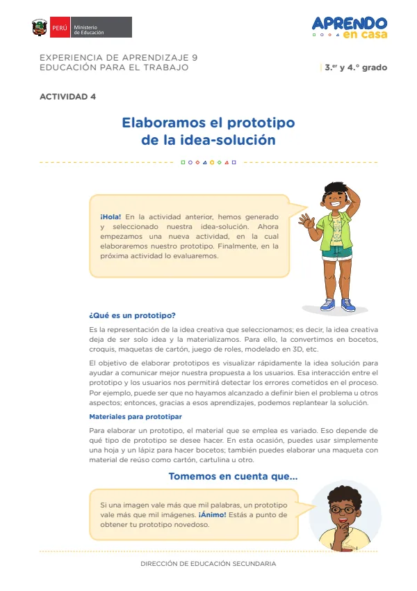 Elaboramos el prototipo de la idea-solución: experiencia de aprendizaje 9, Educación para el trabajo (MINEDU) PDF 1 Portada de Elaboramos el prototipo de la idea-solución: experiencia de aprendizaje 9, Educación - 4.º grado de Secundaria - MINEDU
