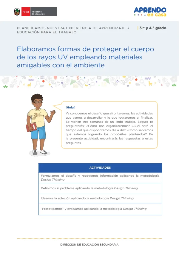 Elaboramos formas de proteger el cuerpo de los rayos UV empleando materiales amigables con el ambiente (MINEDU) PDF 1 Portada de Elaboramos formas de proteger el cuerpo de los rayos UV empleando materiales amigables - 4.º grado de Secundaria - MINEDU