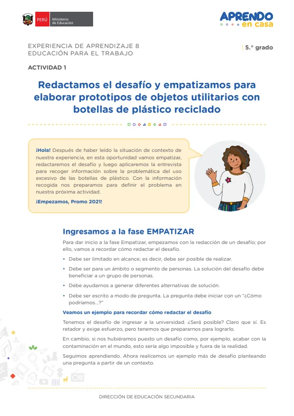 Elaboramos objetos utilitarios con botellas de plástico reciclado, para promover la reducción de la contaminación ambiental (MINEDU) PDF 1 Portada de Elaboramos objetos utilitarios con botellas de plástico reciclado, para promover - 5.º grado de Secundaria - MINEDU