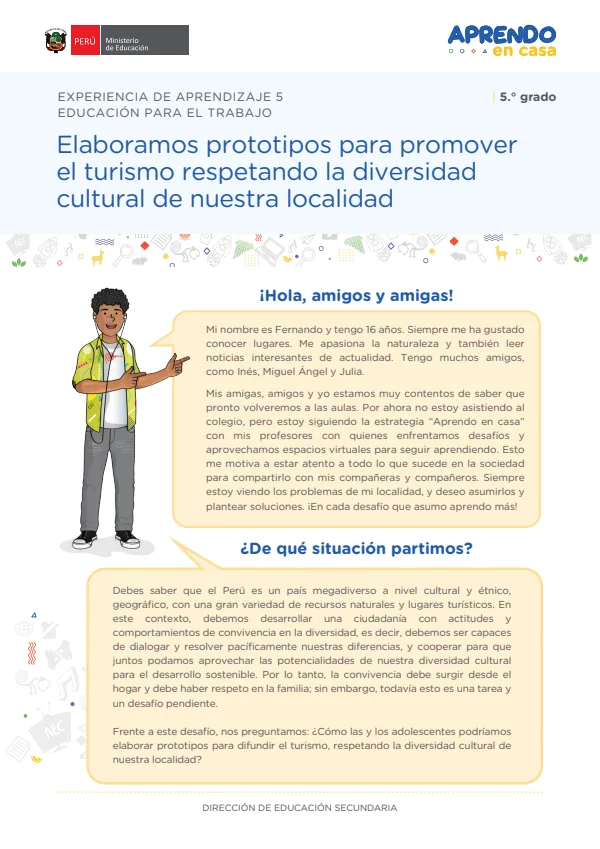 Elaboramos prototipos para promover el turismo respetando la diversidad cultural de nuestra localidad: experiencia de aprendizaje 5 (MINEDU) PDF 1 Portada de Elaboramos prototipos para promover el turismo respetando la diversidad cultural - 5.º grado de Secundaria - MINEDU