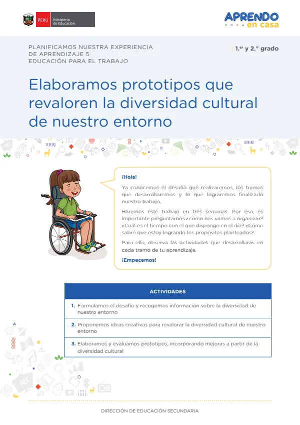 Elaboramos prototipos que revaloren la diversidad cultural de nuestro entorno: experiencia de aprendizaje 5, Educación para el trabajo. 1. y 2 (MINEDU) PDF 1 Portada de Elaboramos prototipos que revaloren la diversidad cultural de nuestro entorno - 5.º grado de Secundaria - MINEDU