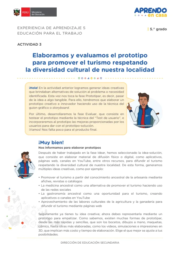 Elaboramos y evaluamos el prototipo para promover el turismo respetando la diversidad cultural de nuestra localidad: experiencia de aprendizaje 5 (MINEDU) PDF 1 Portada de Elaboramos y evaluamos el prototipo para promover el turismo respetando la diversidad - 5.º grado de Secundaria - MINEDU