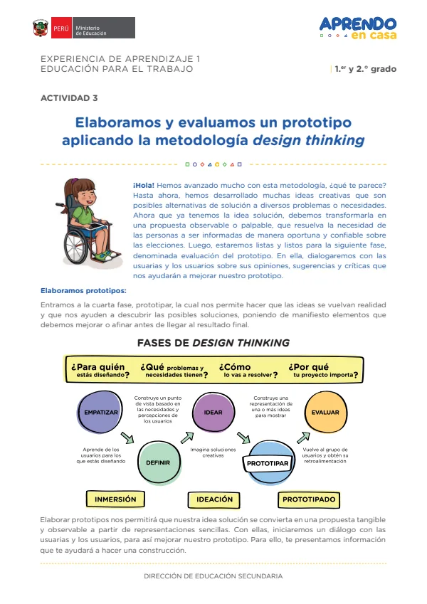 Elaboramos y evaluamos un prototipo aplicando la metodología design thinking: experiencia de aprendizaje 1, Educación para el trabajo. 1. y 2 grado (MINEDU) PDF 1 Portada de Elaboramos y evaluamos un prototipo aplicando la metodología design thinking - 2.º grado de Secundaria - MINEDU