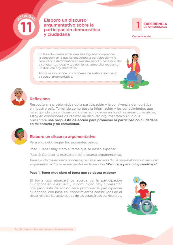 Elaboro un discurso argumentativo sobre la participación democrática y ciudadana: experiencia aprendizaje 1. Comunicación (MINEDU) PDF 1 Portada de Elaboro un discurso argumentativo sobre la participación democrática y ciudadana - Secundaria - MINEDU