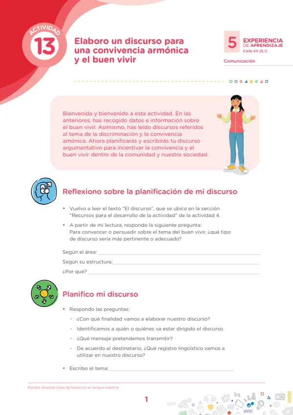 Elaboro un discurso para una convivencia armónica y el buen vivir - 5.° grado de Secundaria (MINEDU) PDF 1 Portada de Elaboro un discurso para una convivencia armónica y el buen vivir - 5.° grado - MINEDU