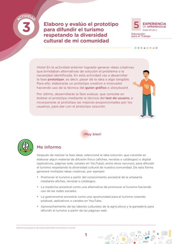 Elaboro y evalúo el prototipo para difundir el turismo respetando la diversidad cultural de mi comunidad (MINEDU) PDF 1 Portada de Elaboro y evalúo el prototipo para difundir el turismo respetando la diversidad - 5.º grado de Secundaria - MINEDU