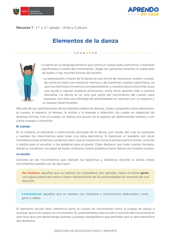 Elementos de la danza, 1.er y 2. grado (MINEDU) PDF 1 Portada de Elementos de la danza, 1.er y 2. grado - MINEDU