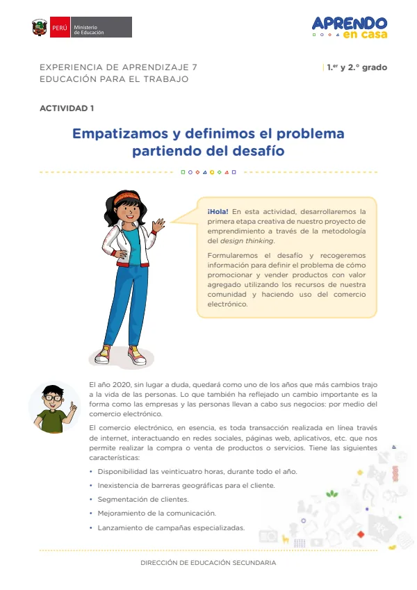 Empatizamos y definimos el problema partiendo del desafío: experiencia de aprendizaje 7, Educación para el trabajo (MINEDU) PDF 1 Portada de Empatizamos y definimos el problema partiendo del desafío: experiencia de aprendizaje - 2.º grado de Secundaria - MINEDU