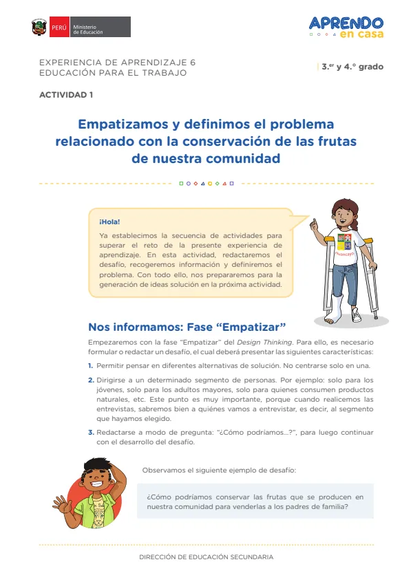 Empatizamos y definimos el problema relacionado con la conservación de las frutas de nuestra comunidad: experiencia de aprendizaje 6 (MINEDU) PDF 1 Portada de Empatizamos y definimos el problema relacionado con la conservación de las frutas - 4.º grado de Secundaria - MINEDU