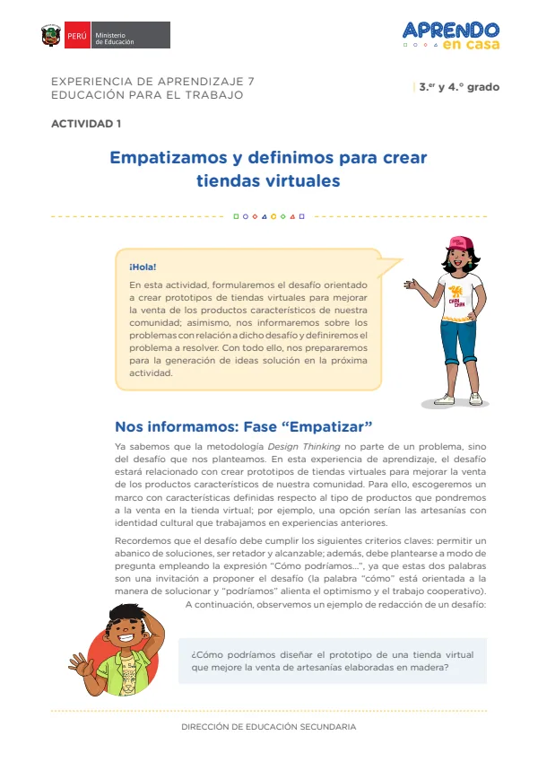 Empatizamos y definimos para crear tiendas virtuales: experiencia de aprendizaje 7, Educación para el trabajo (MINEDU) PDF 1 Portada de Empatizamos y definimos para crear tiendas virtuales: experiencia de aprendizaje 7 - 4.º grado de Secundaria - MINEDU