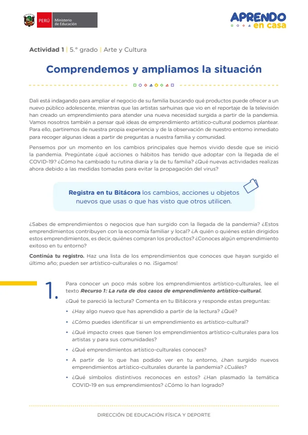 Emprendimiento con arte para enfrentar la crisis económica - 5.° grado de Secundaria (MINEDU) PDF 1 Portada de Emprendimiento con arte para enfrentar la crisis económica - 5.° grado de Secundaria - MINEDU