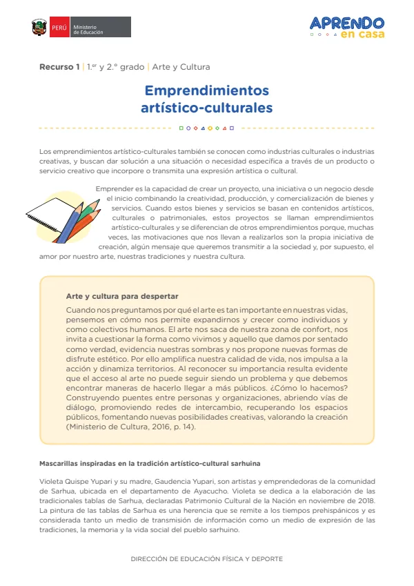 Emprendimientos artísticos-culturales. Recurso 01: 1 y 2 grado - Arte y Cultura (MINEDU) PDF 1 Portada de Emprendimientos artísticos-culturales. Recurso 01: 1 y 2 grado - Arte y Cultura - MINEDU