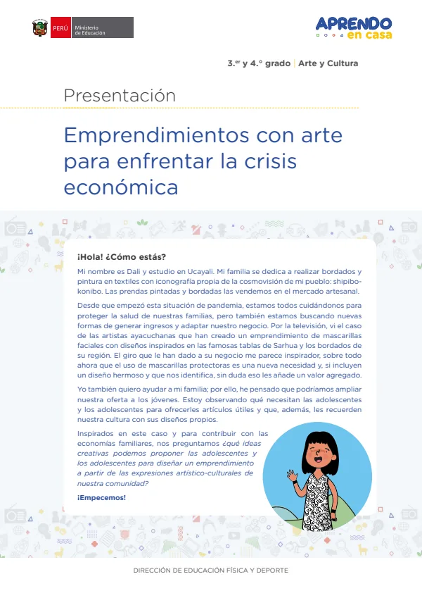 Emprendimientos con arte para enfrentar la crisis económica, presentación. 3 y 4 grado - Arte y Cultura (MINEDU) PDF 1 Portada de Emprendimientos con arte para enfrentar la crisis económica, presentación. 3 y 4 grado - MINEDU
