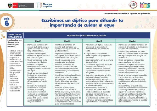 Escribimos un díptico para difundir la importancia de cuidar el agua: guía 6 (MINEDU) PDF 1 Portada de Escribimos un díptico para difundir la importancia de cuidar el agua: guía 6 - Guías docentes - MINEDU