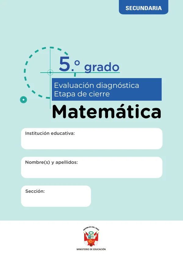 Evaluación diagnóstica de cierre - Matemática 5° grado de Secundaria (MINEDU) PDF 1 Portada de Evaluación diagnóstica de cierre - Matemática 5° grado de Secundaria - MINEDU
