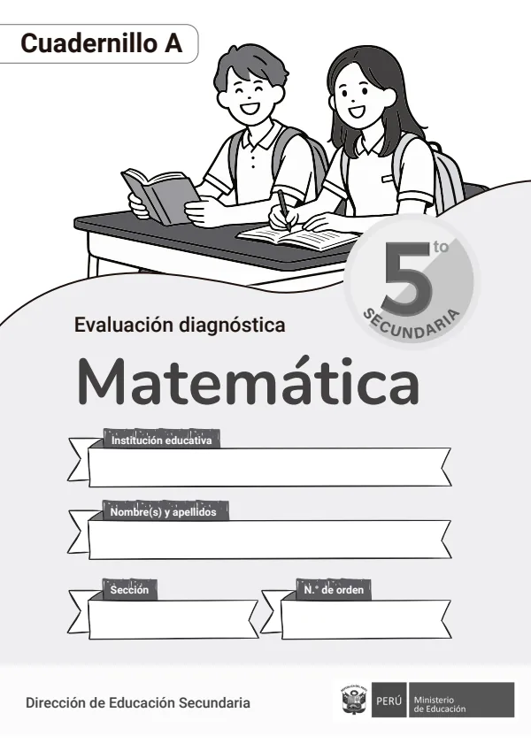 Evaluación diagnóstica Matemática 5 - Cuadernillo A- Secundaria (MINEDU) PDF 1 Portada de Evaluación diagnóstica Matemática 5 - Cuadernillo A- Secundaria - MINEDU