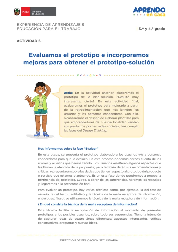 Evaluamos el prototipo e incorporamos mejoras para obtener el prototipo-solución: experiencia de aprendizaje 9, Educación para el trabajo (MINEDU) PDF 1 Portada de Evaluamos el prototipo e incorporamos mejoras para obtener el prototipo-solución - 4.º grado de Secundaria - MINEDU