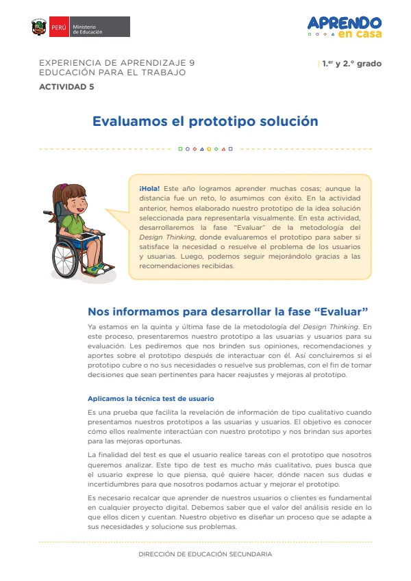 Evaluamos el prototipo solución: experiencia de aprendizaje 9, Educación para el trabajo (MINEDU) PDF 1 Portada de Evaluamos el prototipo solución: experiencia de aprendizaje 9, Educación - 4.º grado de Secundaria - MINEDU