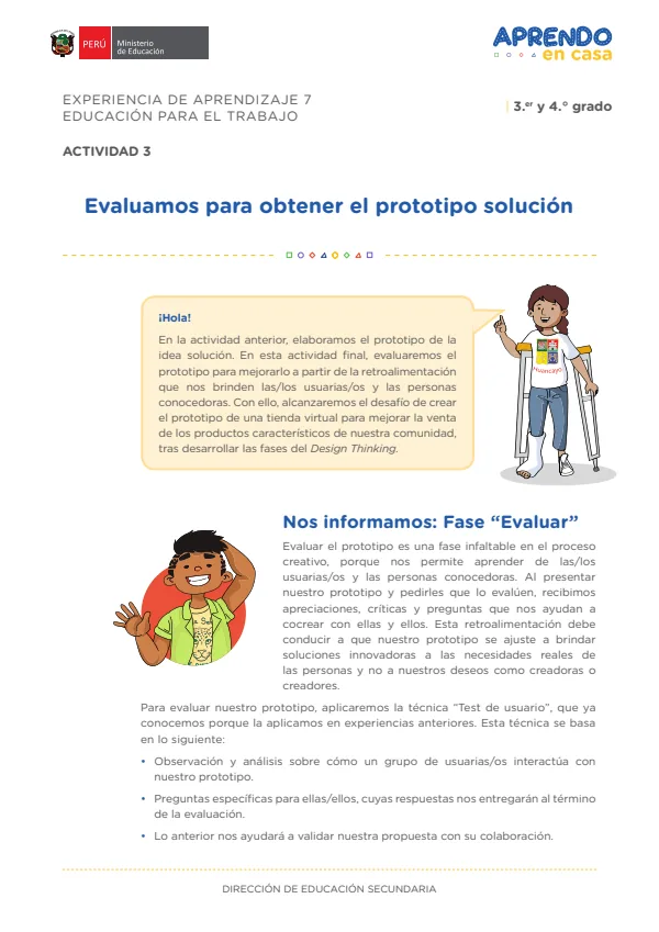 Evaluamos para obtener el prototipo solución: experiencia de aprendizaje 7, Educación para el trabajo (MINEDU) PDF 1 Portada de Evaluamos para obtener el prototipo solución: experiencia de aprendizaje 7, Educación - 4.º grado de Secundaria - MINEDU