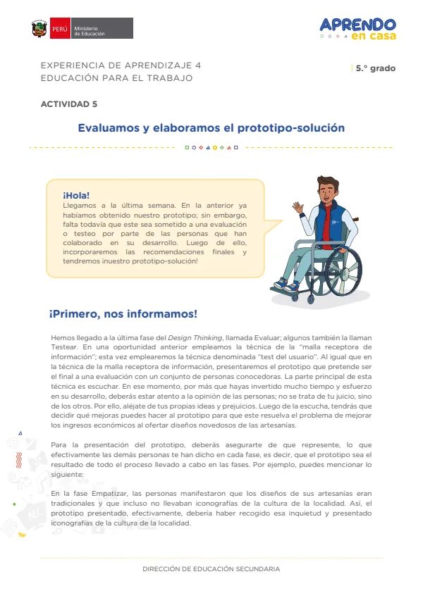 Evaluamos y elaboramos el prototipo-solución: experiencia de aprendizaje 4, Educación para el trabajo (MINEDU) PDF 1 Portada de Evaluamos y elaboramos el prototipo-solución: experiencia de aprendizaje 4, Educación - 5.º grado de Secundaria - MINEDU