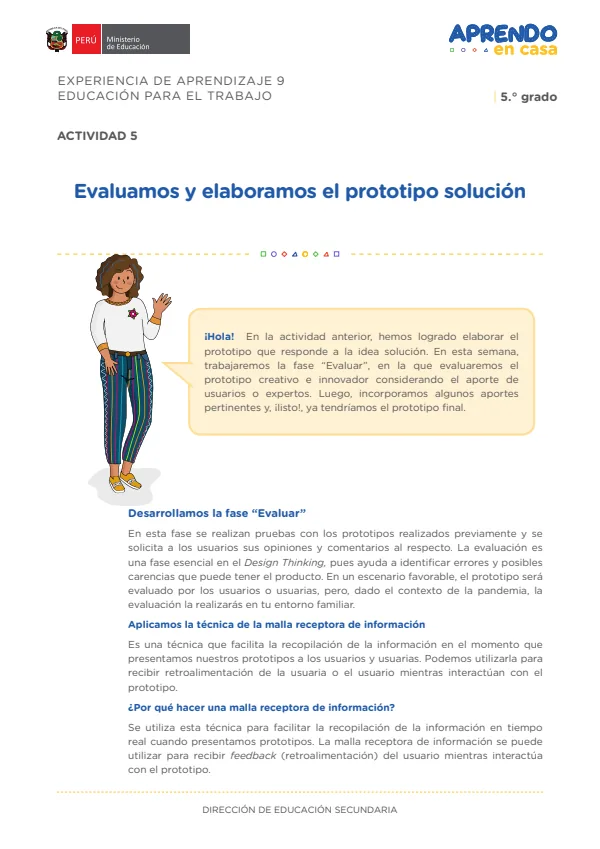 Evaluamos y elaboramos el prototipo solución: experiencia de aprendizaje 9, Educación para el trabajo (MINEDU) PDF 1 Portada de Evaluamos y elaboramos el prototipo solución: experiencia de aprendizaje 9, Educación - 5.º grado de Secundaria - MINEDU