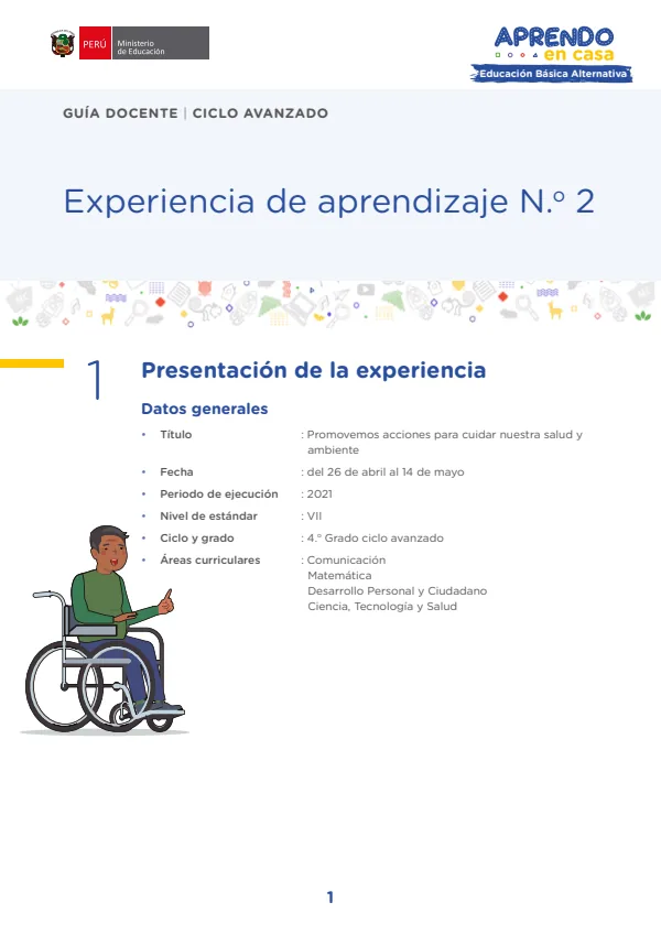Experiencia de aprendizaje N 2. Guía docente, Ciclo Avanzado (MINEDU) PDF 1 Portada de Experiencia de aprendizaje N 2. Guía docente, Ciclo Avanzado - Educación Básica Alternativa (EBA) - MINEDU