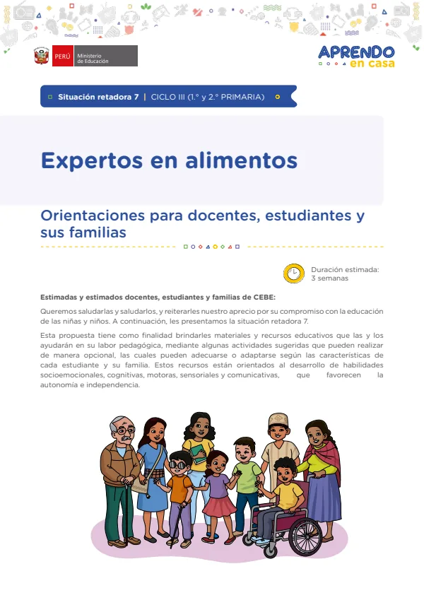 Expertos en alimentos - Mateaprendiendo: Situación retadora 7. Ciclo III (1. y 2 (MINEDU) PDF 1 Portada de Expertos en alimentos - Mateaprendiendo: Situación retadora 7. Ciclo III (1. y 2 - Educación Básica Especial (EBE) - MINEDU