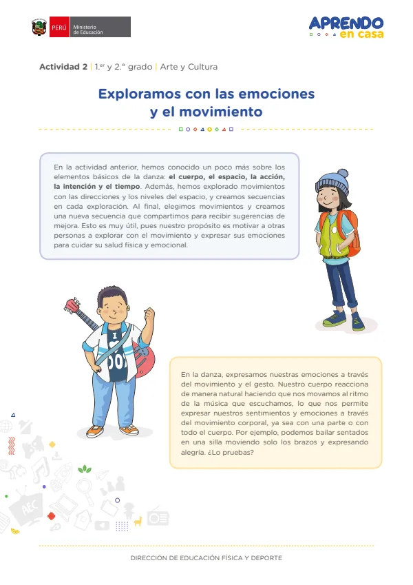 Exploramos con las emociones y el movimiento. Actividad 02: 1 y 2 grado - Arte y Cultura (MINEDU) PDF 1 Portada de Exploramos con las emociones y el movimiento. Actividad 02: 1 y 2 grado - Arte y Cultura - MINEDU
