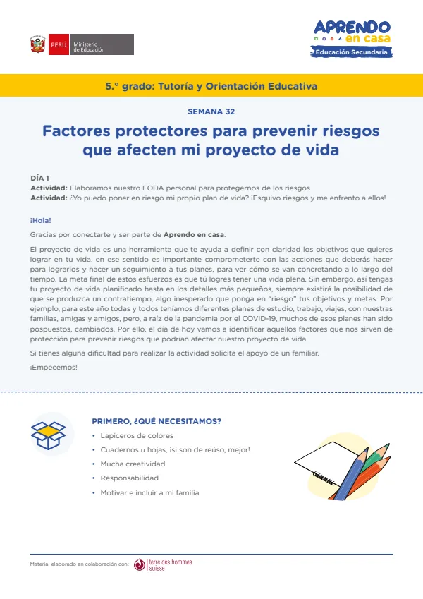 Factores protectores para prevenir riesgos que afecten mi proyecto de vida - 5.° grado de Secundaria (MINEDU) PDF 1 Portada de Factores protectores para prevenir riesgos que afecten mi proyecto de vida - 5.° grado - MINEDU