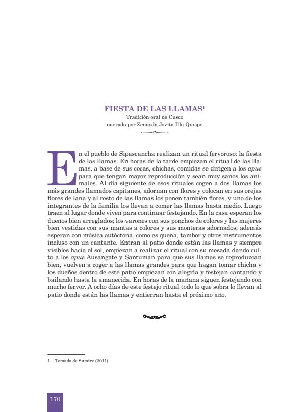 Fiesta de las llamas. Tradicion oral de Cusco narrado por Zenayda Jovita Illa Quispe (MINEDU) PDF 1 Portada de Fiesta de las llamas. Tradicion oral de Cusco narrado por Zenayda Jovita Illa Quispe - 4.º grado de Secundaria - MINEDU