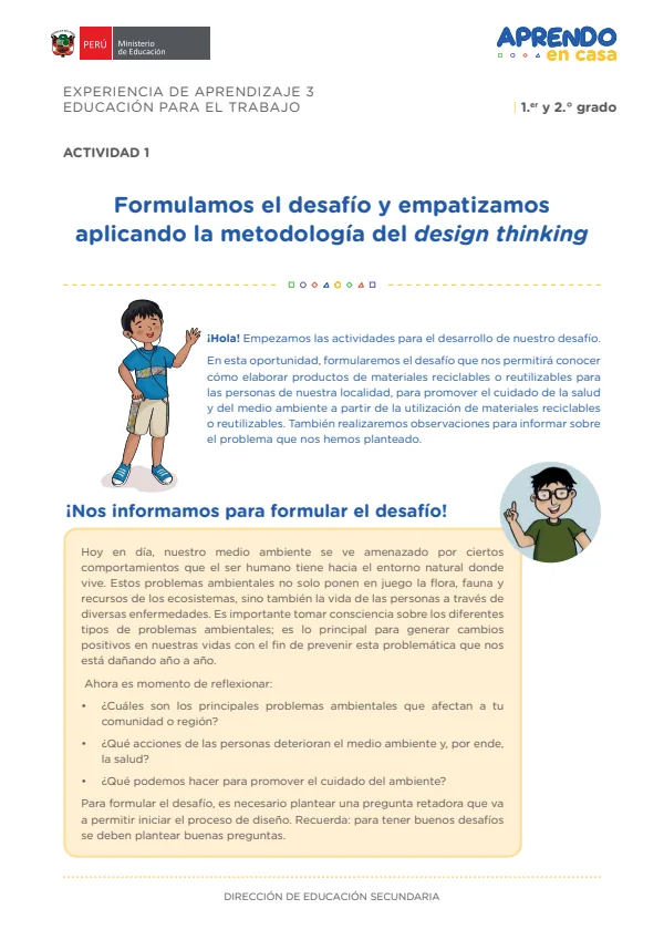 Formulamos el desafío aprovechando las potencialidades de nuestra zona y recogemos información de la familia: experiencia de aprendizaje 3 (MINEDU) PDF 1 Portada de Formulamos el desafío aprovechando las potencialidades de nuestra zona y recogemos - 2.º grado de Secundaria - MINEDU
