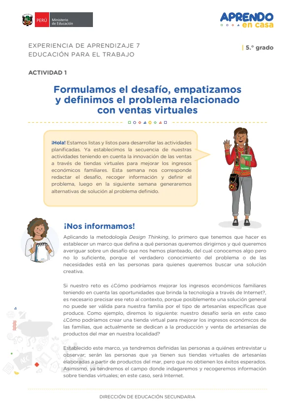 Formulamos el desafío, empatizamos y definimos el problema relacionado con ventas virtuales: experiencia de aprendizaje 7, Educación para el trabajo (MINEDU) PDF 1 Portada de Formulamos el desafío, empatizamos y definimos el problema relacionado con ventas - 5.º grado de Secundaria - MINEDU