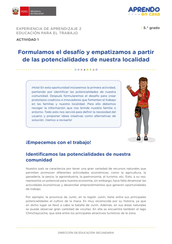 Formulamos el desafío y empatizamos a partir de las potencialidades de nuestra localidad: experiencia de aprendizaje 2, Educación para el trabajo (MINEDU) PDF 1 Portada de Formulamos el desafío y empatizamos a partir de las potencialidades de nuestra - 5.º grado de Secundaria - MINEDU