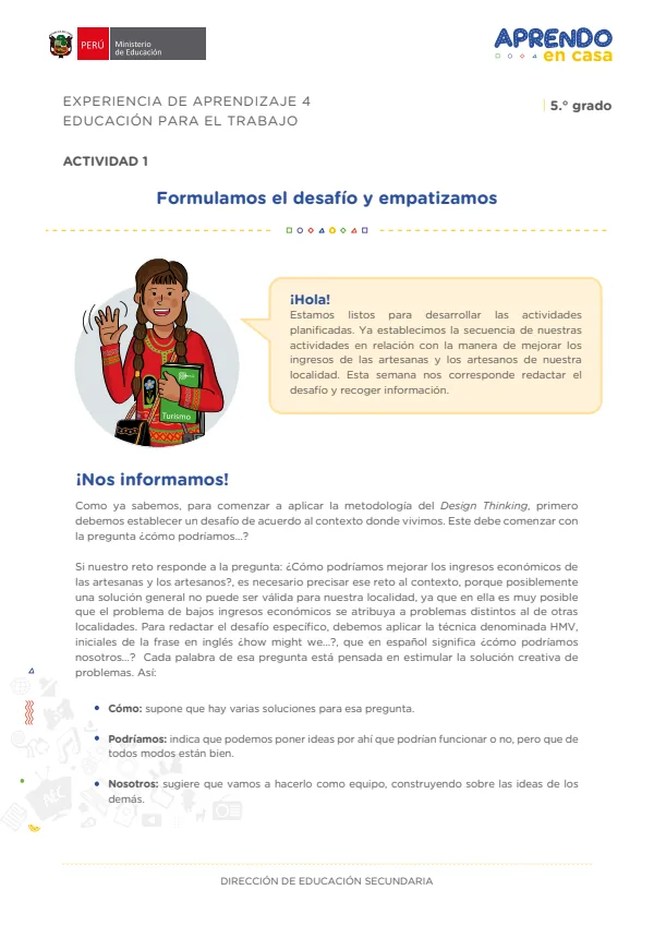 Formulamos el desafío y empatizamos: experiencia de aprendizaje 4, Educación para el trabajo (MINEDU) PDF 1 Portada de Formulamos el desafío y empatizamos: experiencia de aprendizaje 4, Educación - 5.º grado de Secundaria - MINEDU
