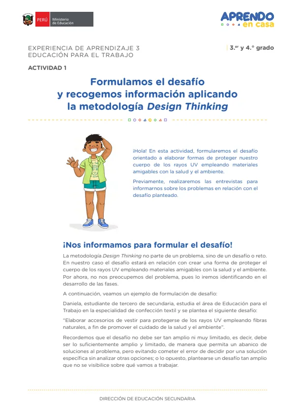 Formulamos el desafío y recogemos información aplicando la metodología Design Thinking: experiencia de aprendizaje 3 (MINEDU) PDF 1 Portada de Formulamos el desafío y recogemos información aplicando la metodología Design Thinking - 4.º grado de Secundaria - MINEDU