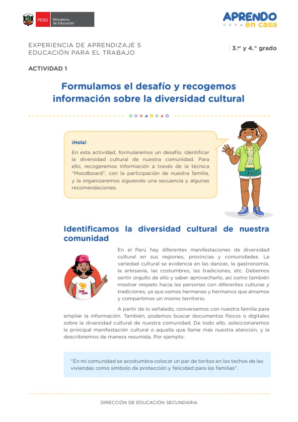 Formulamos el desafío y recogemos información sobre la diversidad cultural: experiencia de aprendizaje 5, Educación para el trabajo (MINEDU) PDF 1 Portada de Formulamos el desafío y recogemos información sobre la diversidad cultural: experiencia - 4.º grado de Secundaria - MINEDU
