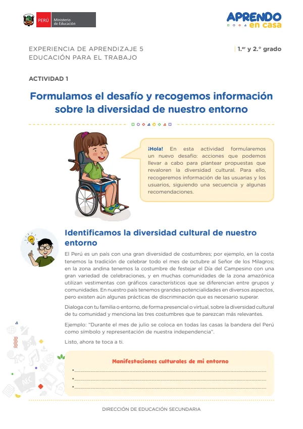 Formulamos el desafío y recogemos información sobre la diversidad de nuestro entorno: experiencia de aprendizaje 5, Educación para el trabajo (MINEDU) PDF 1 Portada de Formulamos el desafío y recogemos información sobre la diversidad de nuestro entorno - 2.º grado de Secundaria - MINEDU