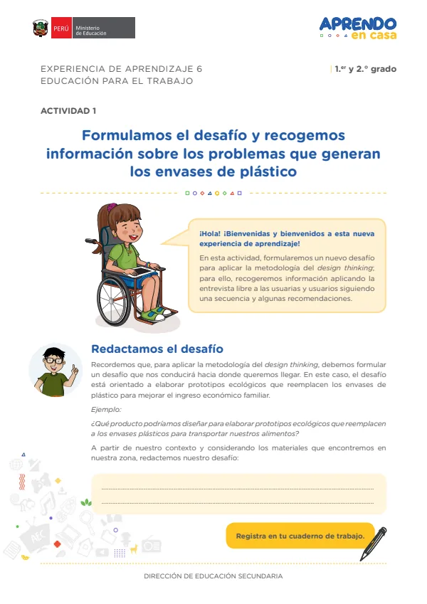 Formulamos el desafío y recogemos información sobre los problemas que generan los envases de plástico: experiencia de aprendizaje 6 (MINEDU) PDF 1 Portada de Formulamos el desafío y recogemos información sobre los problemas que generan - 2.º grado de Secundaria - MINEDU