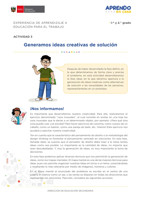 Generamos ideas creativas de solución: experiencia de aprendizaje 4, Educación para el trabajo (MINEDU) PDF 1 Portada de Generamos ideas creativas de solución: experiencia de aprendizaje 4, Educación - 2.º grado de Secundaria - MINEDU