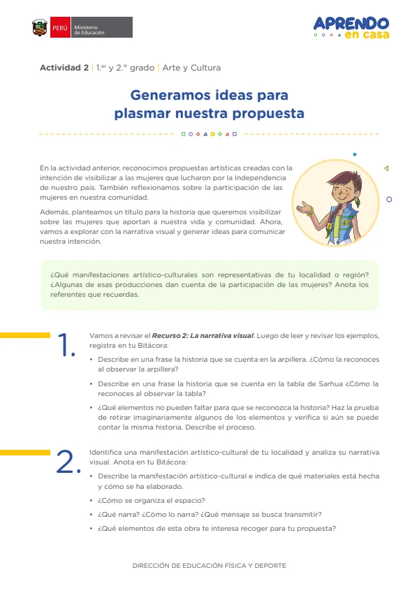 Generamos ideas para plasmar nuestra propuesta. Actividad 02: 1 y 2 grado - Arte y Cultura (MINEDU) PDF 1 Portada de Generamos ideas para plasmar nuestra propuesta. Actividad 02: 1 y 2 grado - Arte - MINEDU