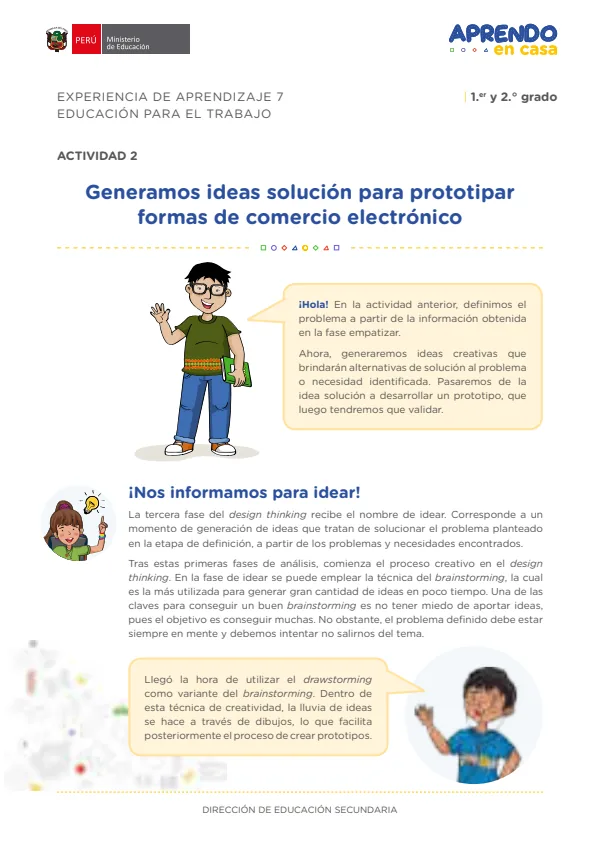 Generamos ideas solución para prototipar formas de comercio electrónico: experiencia de aprendizaje 7, Educación para el trabajo (MINEDU) PDF 1 Portada de Generamos ideas solución para prototipar formas de comercio electrónico: experiencia - 2.º grado de Secundaria - MINEDU