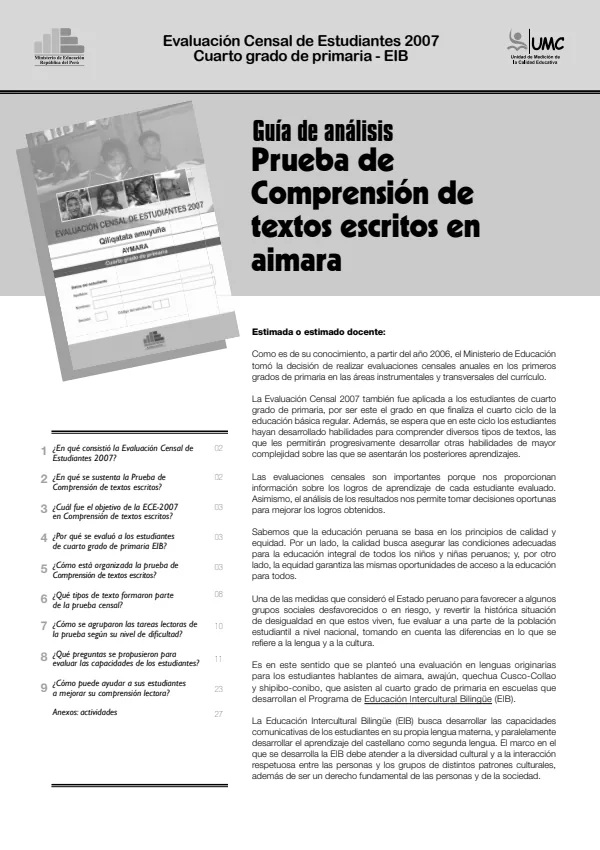 Guía de análisis (Aimara) (Evaluación Censal de Estudiantes 2007 (ECE 2007)) (MINEDU) PDF 1 Portada de Guía de análisis (Aimara) (Evaluación Censal de Estudiantes 2007 (ECE 2007)) - Educación Intercultural Bilingüe (EIB) - MINEDU