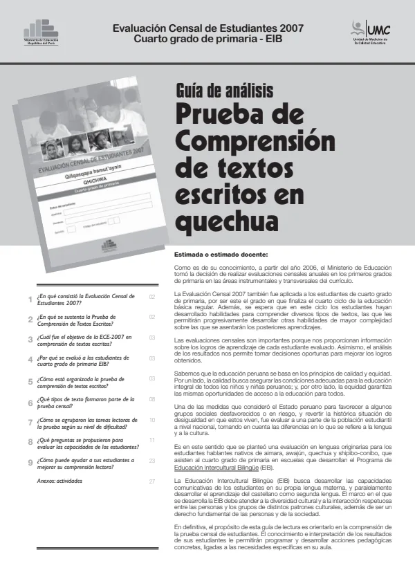 Guía de análisis (Quechua Cusco Collao) (Evaluación Censal de Estudiantes 2007 (ECE 2007)) (MINEDU) PDF 1 Portada de Guía de análisis (Quechua Cusco Collao) (Evaluación Censal de Estudiantes 2007 (ECE - Educación Intercultural Bilingüe (EIB) - MINEDU