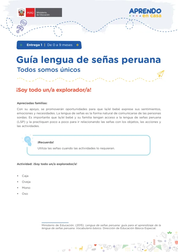 Guía de lengua de señas peruana: Situación retadora 1 - De 19 a 24 meses - Educación Inicial (MINEDU) PDF 1 Portada de Guía de lengua de señas peruana: Situación retadora 1 - De 19 a 24 meses - Educación - Educación Básica Especial (EBE) - MINEDU