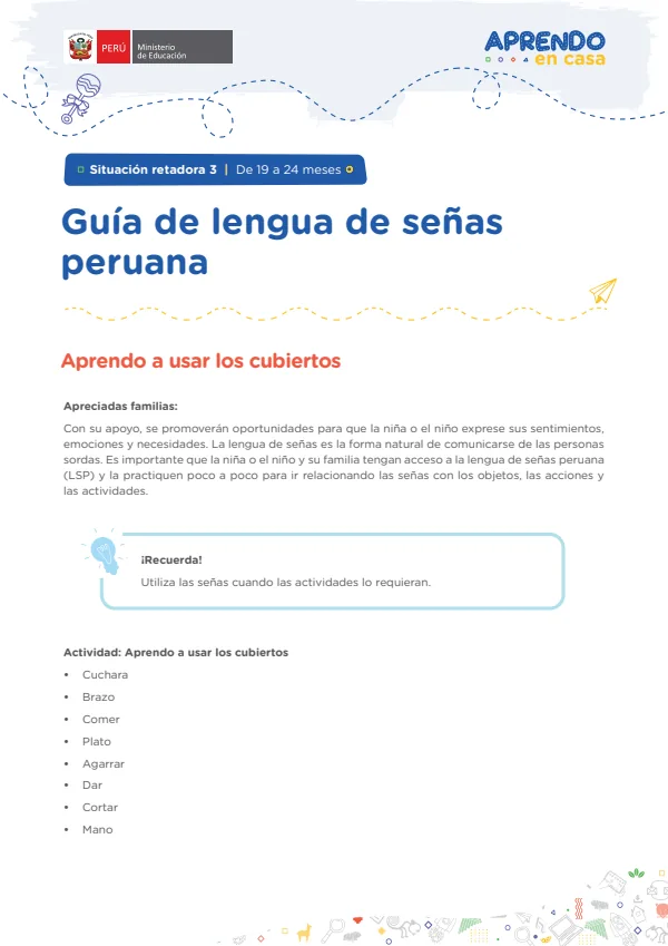 Guía de lengua de señas peruana: Situación retadora 3 - De 19 a 24 meses - Educación Inicial (MINEDU) PDF 1 Portada de Guía de lengua de señas peruana: Situación retadora 3 - De 19 a 24 meses - Educación - Educación Básica Especial (EBE) - MINEDU