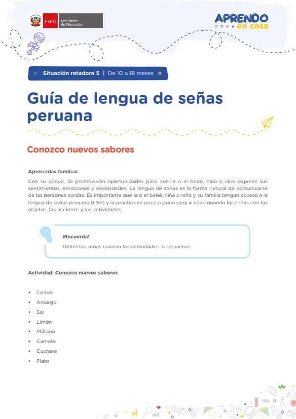 Guía de lengua de señas peruana: Situación retadora 5 - De 10 a 18 meses - Educación Inicial (MINEDU) PDF 1 Portada de Guía de lengua de señas peruana: Situación retadora 5 - De 10 a 18 meses - Educación - Educación Básica Especial (EBE) - MINEDU